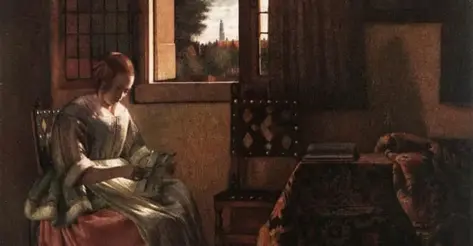 Woman Reading a Letter, Pieter de Hooch, c. 1664, "domínio público"