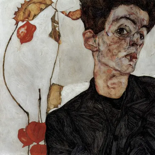 Self-Portrait with Physalis, Egon Schiele, 1912, "domínio público"