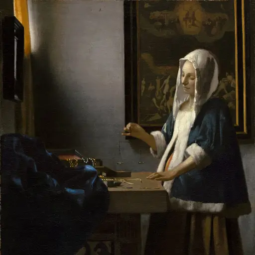 Woman Holding a Balance, Johannes Vermeer, c.1664, "domínio público"